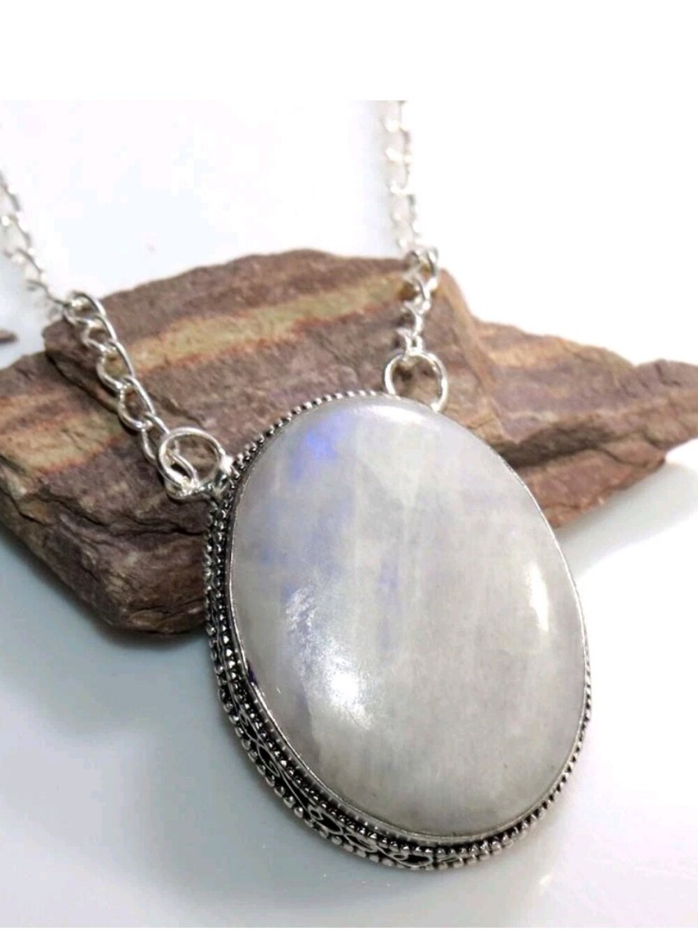 New Oversized Rainbow Moonstone 925 Silver Necklace.